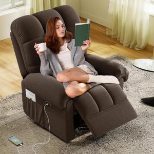 Welzona Power Recliner Chair, Reclining Chair, Comfy Teddy Small Recliners for Small Spaces, Adjustable Electric Recliner Chairs for Adults, Electric Recliners with USB Port & Side Pockets, Coffee