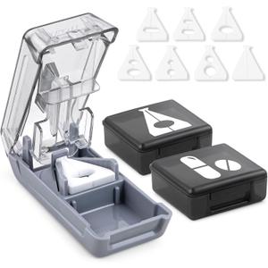 Fullicon Pill Cutter for Small or Large Pills, Pill Splitter with V-Shape Holder, Medicine Slicer with Sharp Blade,Tablet Splitter with Two Large Pill Organizers