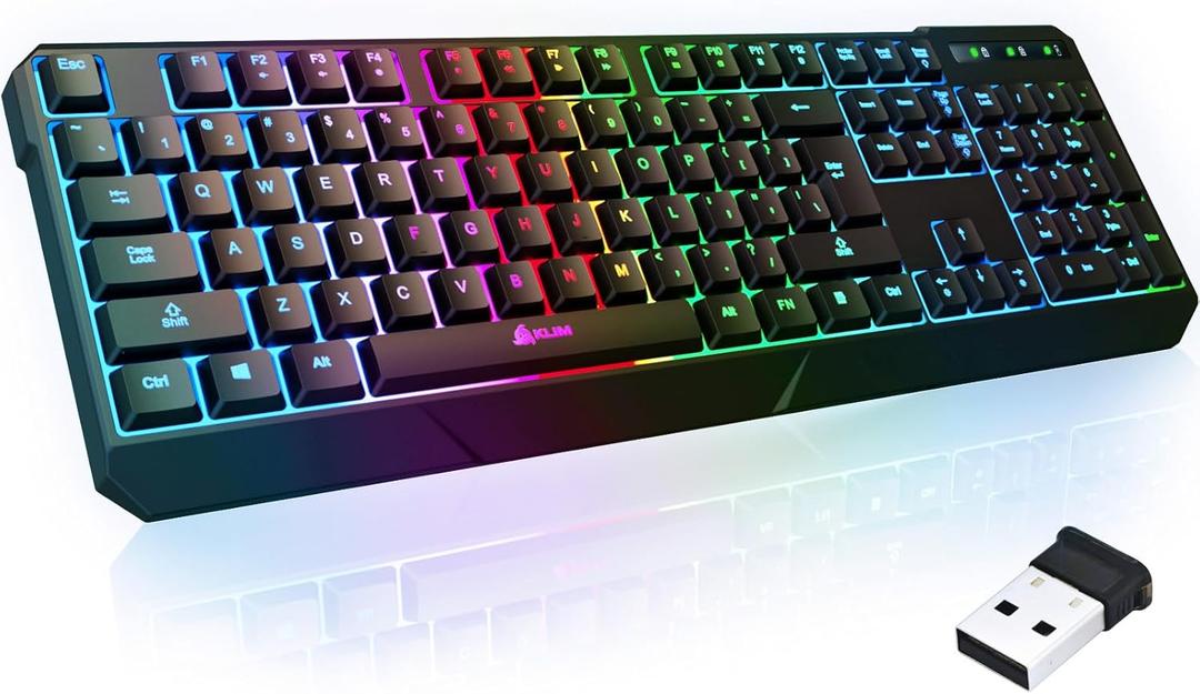 KLIM Chroma Wireless Gaming Keyboard RGB  Backlit Keyboard with Rechargeable Battery  Quiet, Water-Resistant, Ergonomic Design  Teclado Gamer for PC, PS5, PS4, Mac  Black (Black)