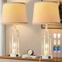 SRJJA Farmhouse Table Lamps for Living Room Set of 2 - Rustic Industrial Bedside Lamps for Bedroom Nightstand with Nightlight and USB A+C, 4 Bulbs Included