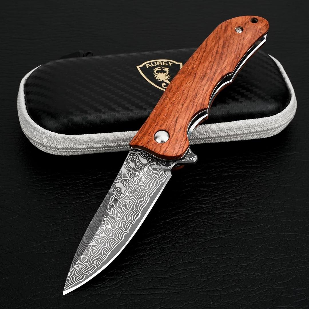 AUBEY Damascus Pocket Knife with VG10 Core, Wooden Handle, EDC Folding Knives for Men Outdoor Camping Collection Gift