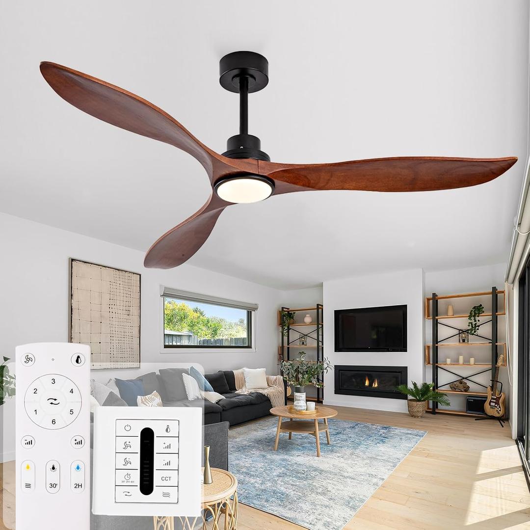 60 Inch Outdoor Solid Wood Ceiling Fans with Lights and Remote, 3 Blade Walnut Ceiling Fan with Wall Control, Dimmable, 3 Downrods, Quiet DC Motor for Bedroom, Patios, Farmhouse, Living Room