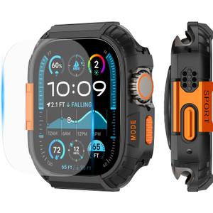 YIJDACASE Rugged Waterproof Case for Apple Watch Ultra 3/2/1 49mm with Screen Protector,Metal & PC Bumper+9H Tempered Glass,Stylish Shockproof Cover for Sports,Black/Orange
