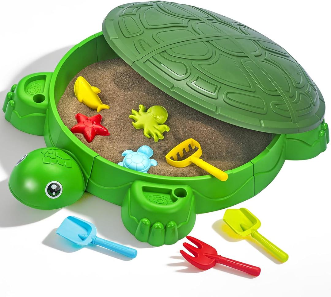 VROGTIK Turtle Sandbox with Lid & Beach Toys Set, 38" Kids Sandbox for Toddlers 3-8, Indoor Outdoor Sensory Play Sand Box with Cover, Summer Gift for Ages 3-8