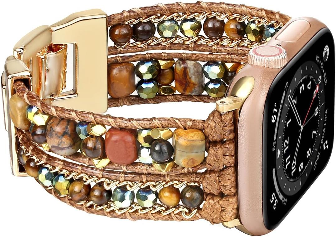 Boho Bracelet Compatible with Apple Watch Band 41mm 40mm 42mm 38mm 49mm 46mm 45mm 44mm Natural Stone Beaded iWatch Band Women Men Apple Watch Strap Ultra Series 11/10/9/8/7/6/5/4/3/2/1/SE 3/Ultra 3 (Brown Beads)