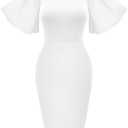 Memoriesea Women's Basic Bodycon Ruffle Flared Short Sleeve Pencil Midi Dress (Large, White)