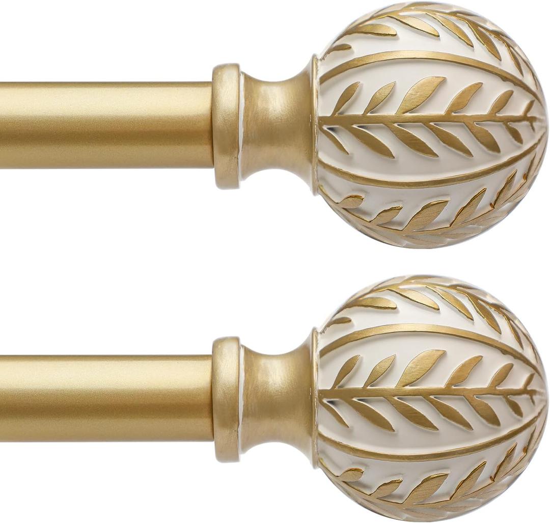 2 Pack Gold Curtain Rods for Windows 48 to 84 inch,1" Adjustable Heavy Duty Window Curtain Rod with Leaf Finials,Rustic Decorative Drapery Rods Set,Size:36-88''