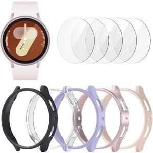 BHARVEST [5+5 Pack] Galaxy Watch 7 40mm Screen Protector, Waterproof Case Protective Cover+Tempered Glass Screen Protector Ultra-Thin Hard PC Guard Bumper for Samsung Galaxy Watch 7 40mm Women (Black/Clear/Lavender/Rose Gold/Pink)