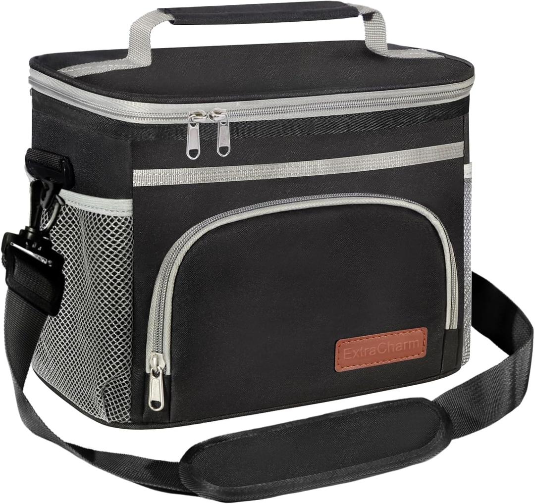 ExtraCharm Insulated Lunch Bag for Women/Men - Reusable Lunch Box for Office Picnic Hiking Beach - Leakproof Cooler Tote Bag Organizer with Adjustable Shoulder Strap for Adults-Black grey