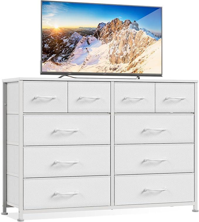 Furnulem Bedroom Dresser White for 55”Long TV Stand Entertainment Center Dressers & Chests of Drawers, 10 Storage Fabric Drawer, Sturdy Metal Frame Tall Storage Cabinet for Living Room, Entryway