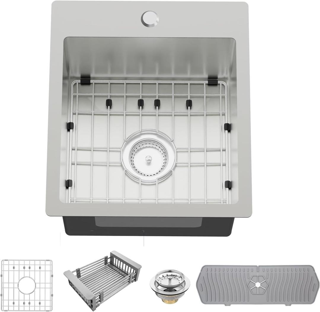Kitchen And Bar Sink, 15x17 Inch Stainless Steel Drop In Kitchen Sink Modern Single Bowl Topmount Bar Sink Combo-SS Grid,Silicon Mat,Drain Strainer Set Compatibility With Various Kitchen & Bar Style
