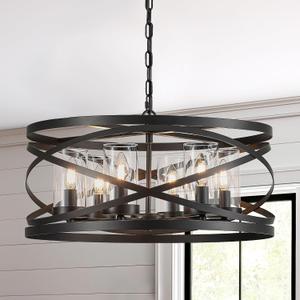 6-Light Farmhouse Drum Pendant Light, 21.65'' Nature Wood Texture Vintage Rustic Chandeliers Black Metal Industrial Glass Shade Hanging Light Fixtures for Entryway, Bedroom Dining Room