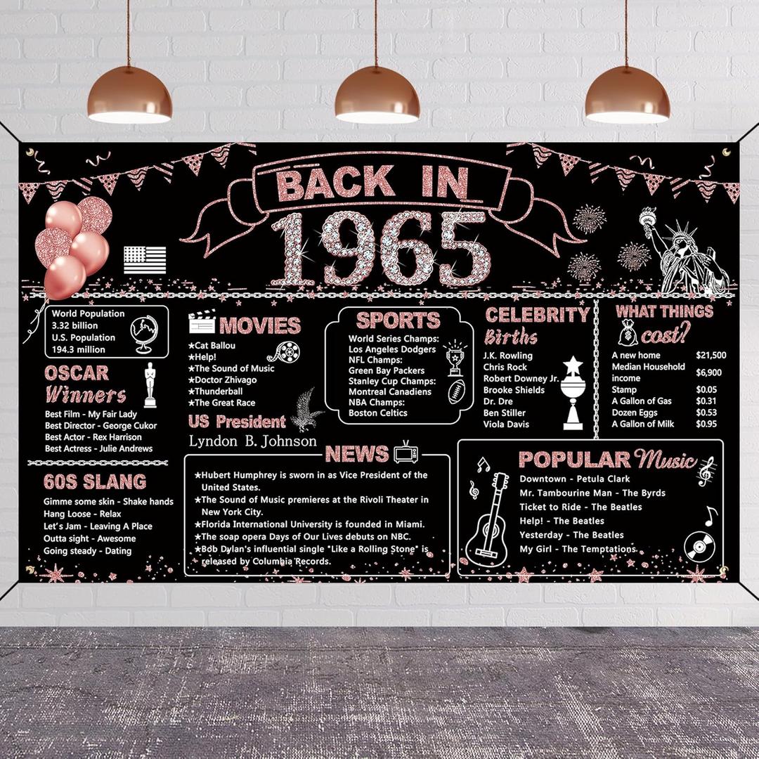DARUNAXY 60th Birthday Rose Gold Party Decoration, Back in 1965 Banner for Women 60 Years Old Birthday Photography Background Vintage 1965 Poster Backdrop for Girls 60th Class Reunion Party Supplies