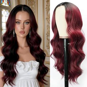 Halcyon Long Wine Red Wavy Wigs for Women 26 Inch Ombre Burgundy Wigs Natural Looking Synthetic Heat Resistant Fiber Curly Wavy Wig for Daily Party Use