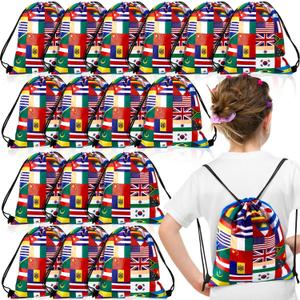 Amylove 16 Pcs International Flag Bags Party Favor Country Flags Drawstring Birthday Gift Bags for Kids Snack Candy Storage Goody Bags for Kids Birthday, Soccer Themed Party Supple 9 x 12 Inches