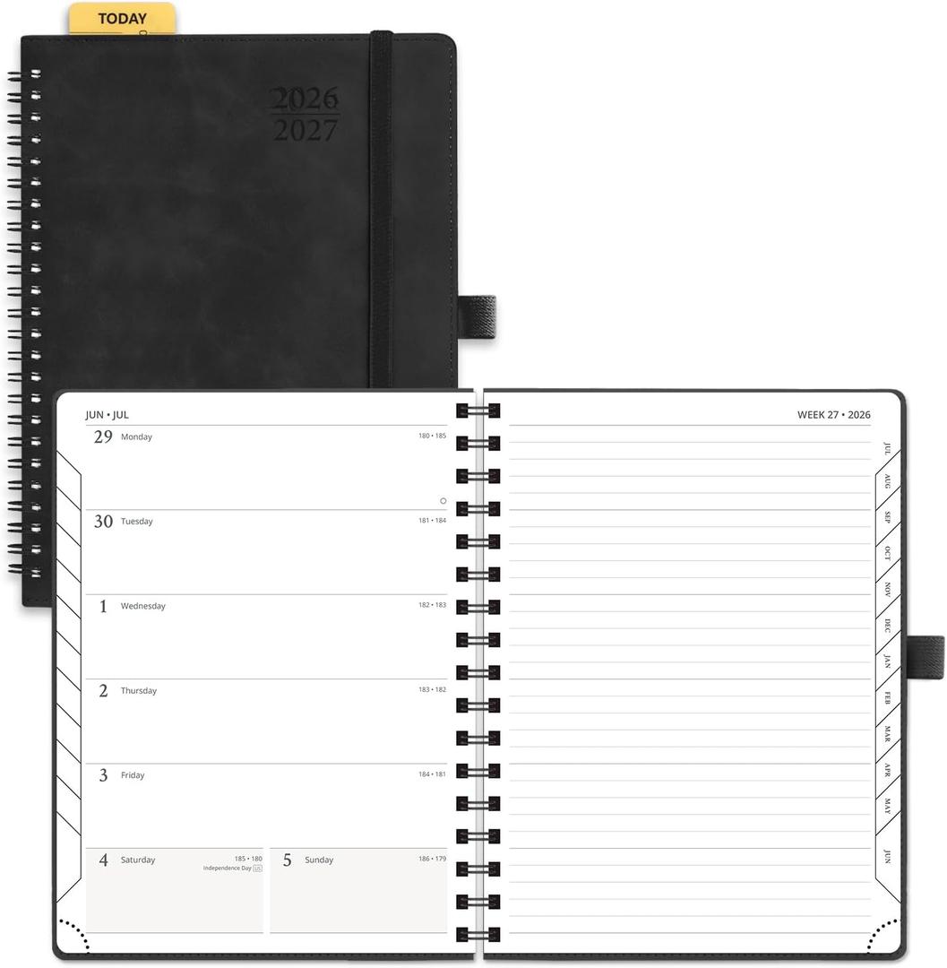POPRUN Weekly Planner 2026-2027, 6.5" x 8.5", (July 26-June 27) Academic Weekly and Monthly Planner, Calendar Notebook 2026-2027 Agenda for School, College, Spiral Leather Softcover - Black
