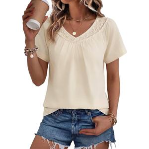 Falechay Women's Blouses Summer Short Sleeve Boho Tops V Neck Pleated Casual Flowy Loose Fit Cute Basic Tunic (L)