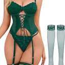 Lilosy Sexy Floral Lace Up Corset Garter Lingerie Set
 XS