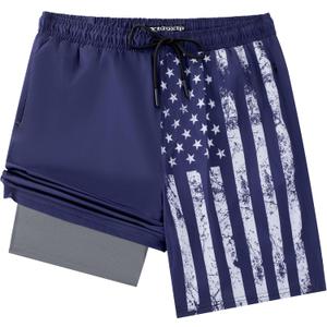 Mens Swim Trunks with Compression Liner, 7 Inch Inseam Stretch Quick Dry Swimsuit Swimming Short, Navy Flag Beach Board Shorts Built-in Swimwear Bathing Suit for Men, Large