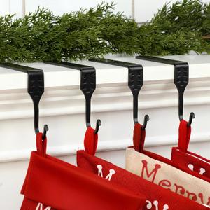 Shimeyao Set of 4 Christmas Stocking Holders for Mantle Black Heavy Duty Cast Iron Christmas Tree Stocking Hangers Forged Hooks for Fireplace Tabletop Shelf Mantle Holiday Decoration