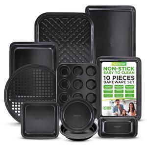 NutriChef 10-Piece Non-Stick Baking Set  Heavy-Duty Carbon Steel Bakeware Set w/ Cookie Sheets, Muffin Pan, Roasting Pan, Cake Pan, Baking Tray, Pizza Pan  Effortless Food Release & Easy Cleanup (Black)