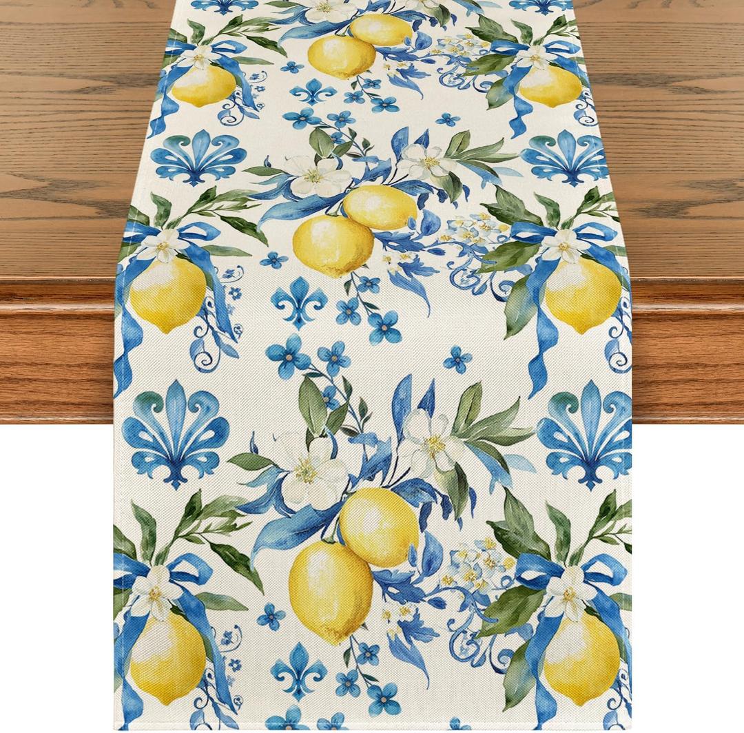 Artoid Mode Blue Lemon Iris Summer Table Runner, Seasonal Spring Kitchen Dining Table Decor for Home Party Decor 13x72 Inch