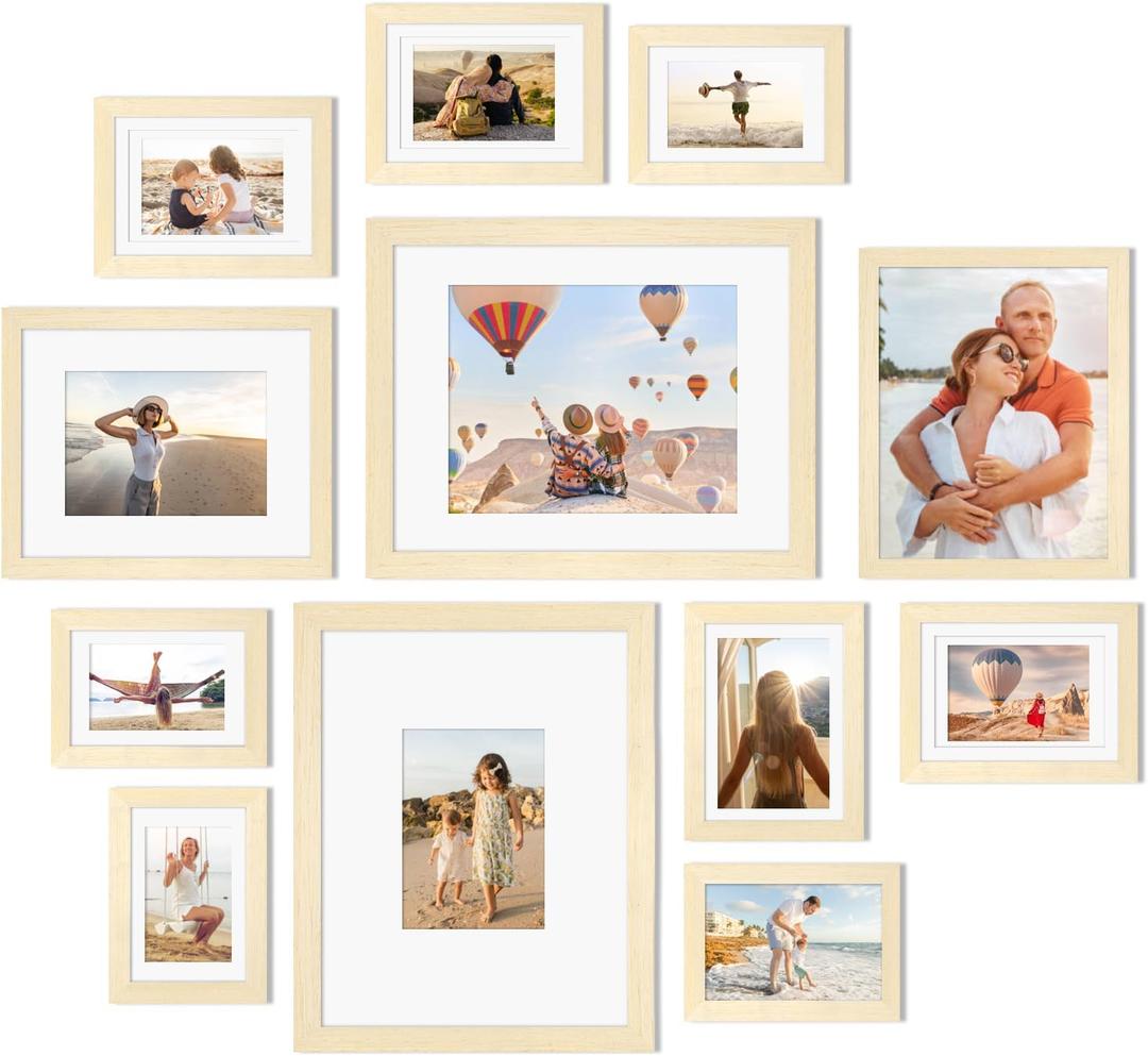 Egofine Picture Frame Set 12 Pack, Picture Frames Collage Wall Decor with Two 11x14, Two 8x10, Four 5x7, Four 4x6 for Wall and Tabletop, Made of Solid Wood, Covered by Plexiglass, Natural Wood