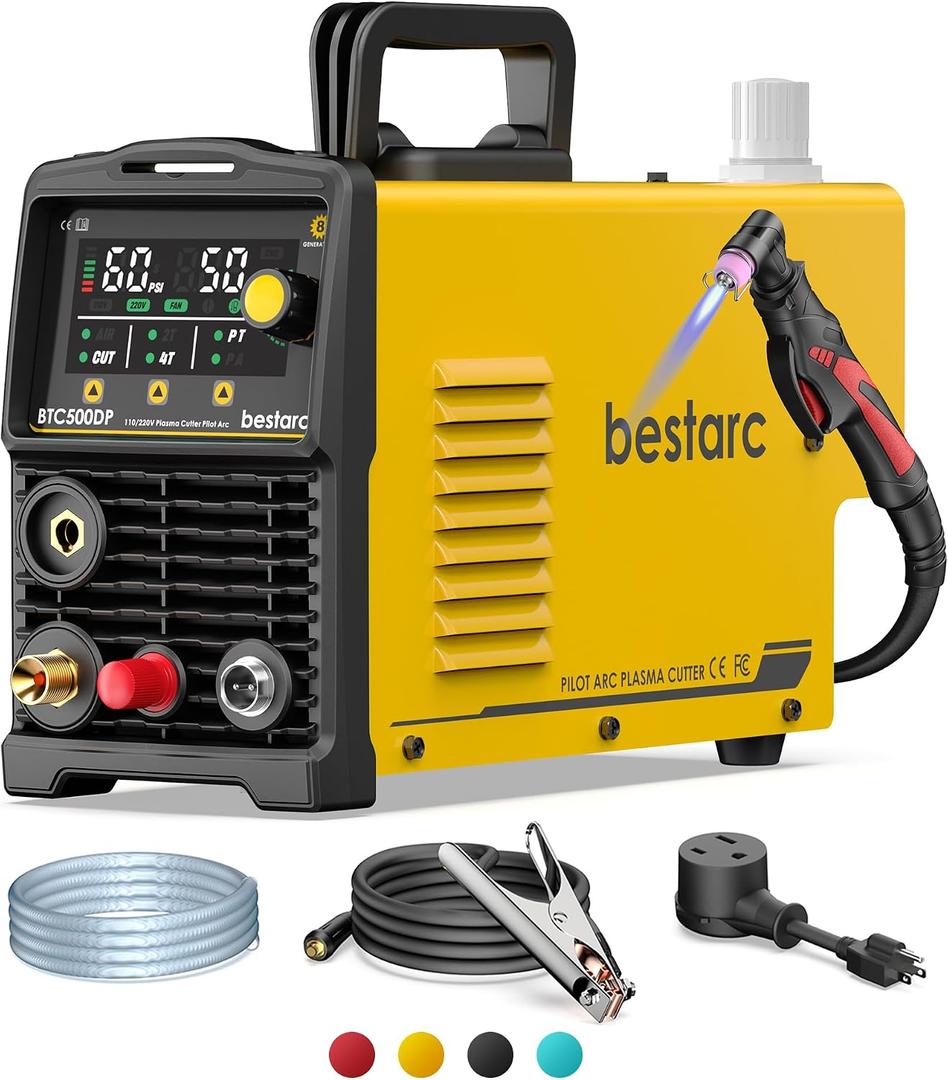 bestarc Pilot Arc Plasma Cutter, [LED Display][Air Sensor] 50A Plasma Cutter Machine 110/220V Dual Voltage, 1/2'' Clean Cut 3/4 Inch Max Cut, Post Flow Mesh, 2T/4T for Beginners DIY, Yellow