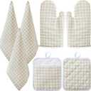 Patelai 7 Pcs Buffalo Check Dish Towels Pot Holders Oven Mitts Set Cotton Plaid Kitchen Dish Towels Non-Slip Heat Resistant Oven Mitts and Pot Holders for Cooking Baking (Light Yellow with White)