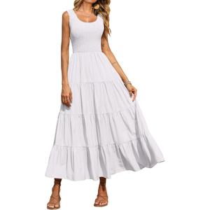 PRETTYGARDEN Women's 2026 Casual Loose Plain Maxi Sundress Smocked Tank Dress Sleeveless Spring Beach Tiered Long Dresses (White, L)