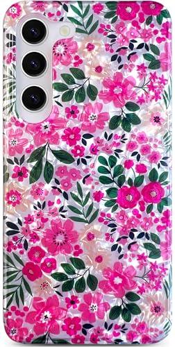 Qokey for Galaxy S23 Case 6.1-inch, Soft Shockproof Cute Shiny Sparkle Floral Pattern Design for Girls Women Anti-Scratch Phone Cover, Seashell Rose Red Flowers
