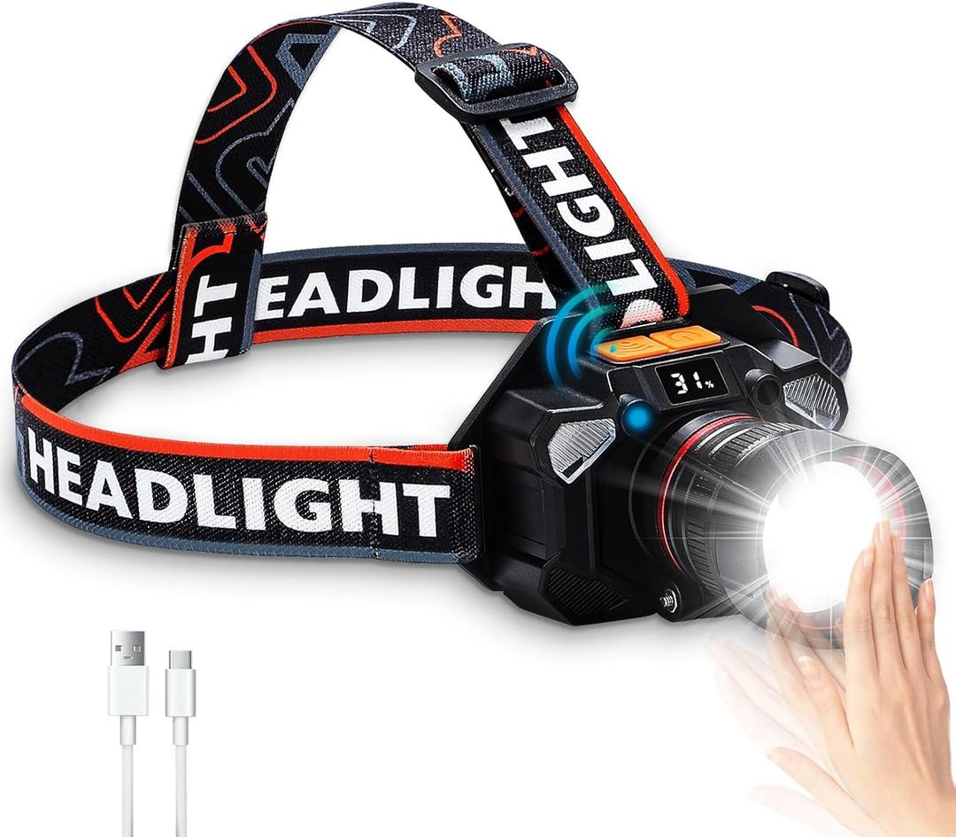 Headlamp Rechargeable,Power Display USB C Led Head Lamp, 100000 Lumen Super Bright Sensor Head Lights for Forehead with Red Light, Zoomable 180Rotatable Head Flashlight for Adults Outdoor Adventures