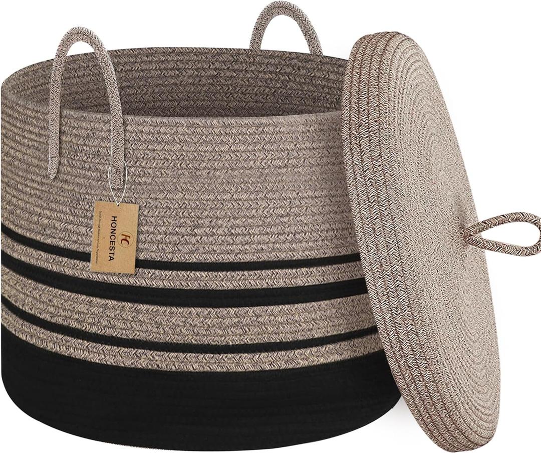 Extra Large Woven Basket with Lid, 18" X 14" Wicker Blanket Storage Basket Living Room, Tall Rope Storage Baskets for Toys, Decorative Kids Toy Bin Box with Cover, Baby Laundry Basket Hamper (Jute/Black)