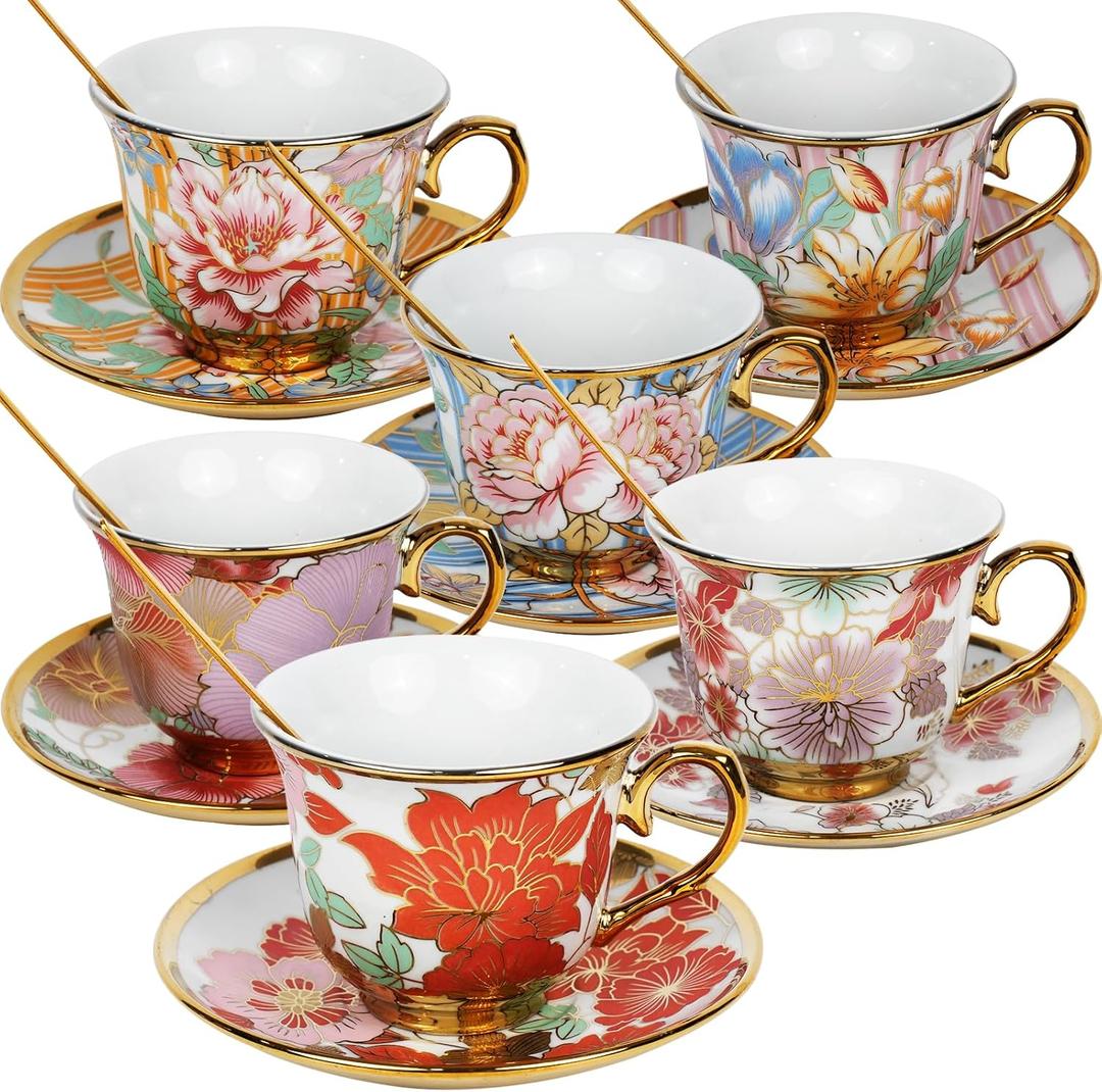 Tea Cups and Saucers Set of 6, 8 OZ Ceramic Tea Cups with Saucers Vintage Floral Tea Cup Set for Cappuccino, Macchiato, Afternoon Tea Birthday Party Supply Thanksgiving Day Halloween gifts
