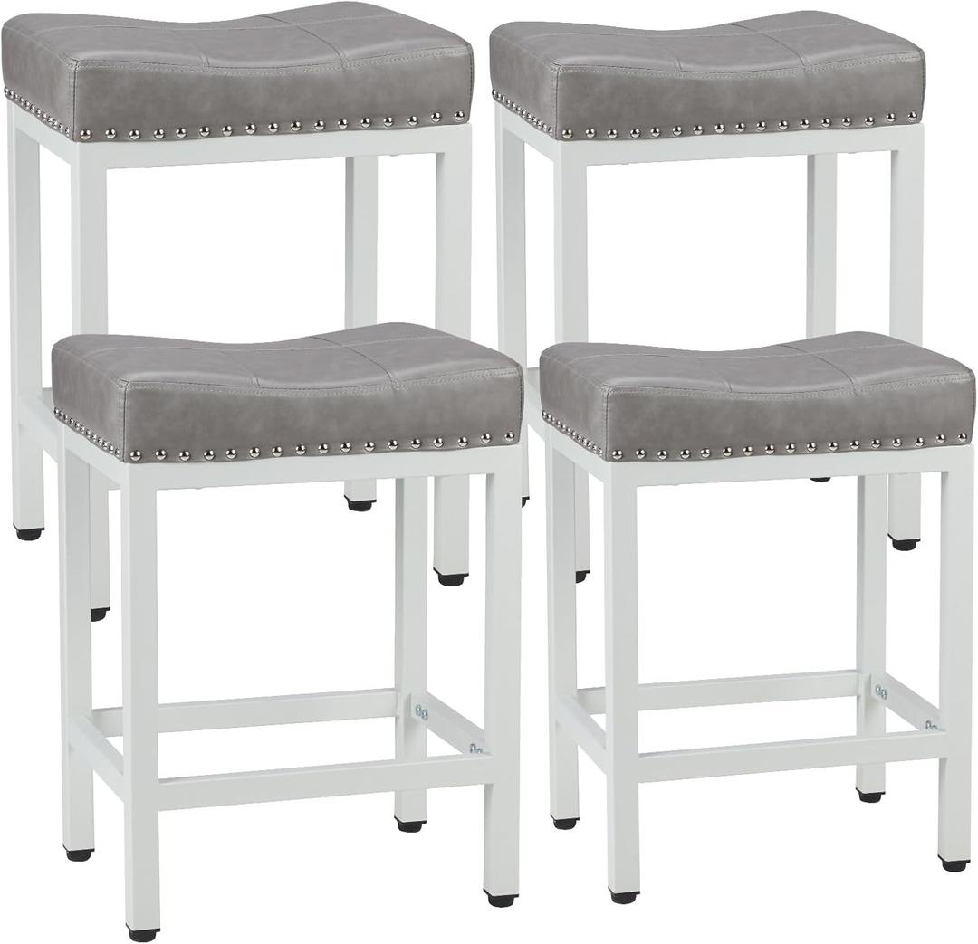 Sweetcrispy Bar Stools Set of 4, 24 Inch Counter Height Stools, PU Leather Upholstered Bar Chairs with Footrest, Modern Bar Stools for Kitchen Island, Dining, Living Room, Grey