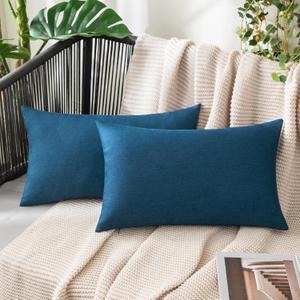 MIULEE Pack of 2 Decorative Outdoor Solid Waterproof Throw Pillow Covers Faux Linen Garden Farmhouse Coastal Cushion Cases for Summer Patio Tent Balcony Couch Sofa 20x12 Inch Blue