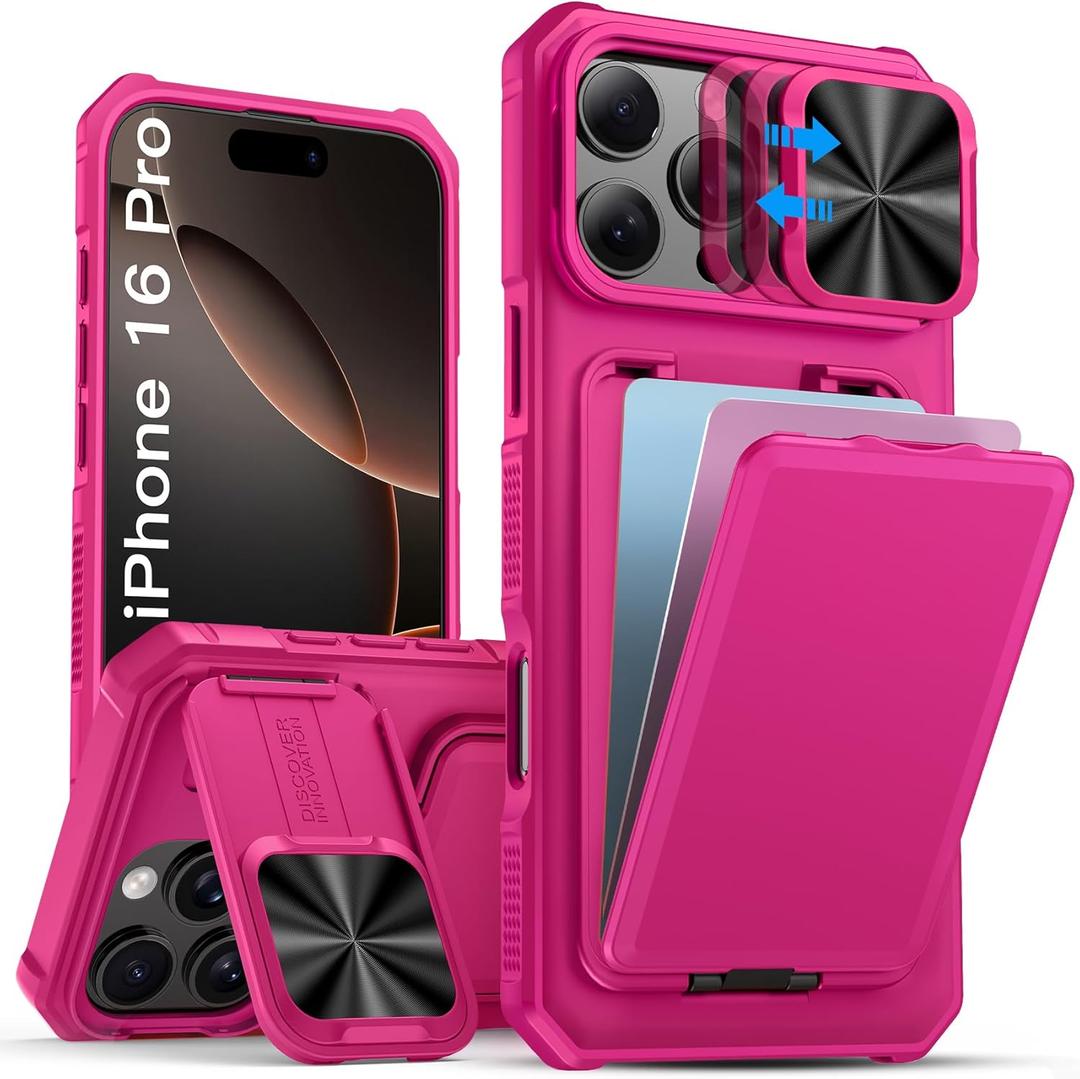 SSLOTSCASE for iPhone 16 Pro Case with Card Holder & Camera Stand & Kickstand & Slide Camera Lens Cover, Multifunctional Wallet Rugged Protective Phone Case Cover for iPhone 16 Pro 6.3'' 5G 2024, Pink