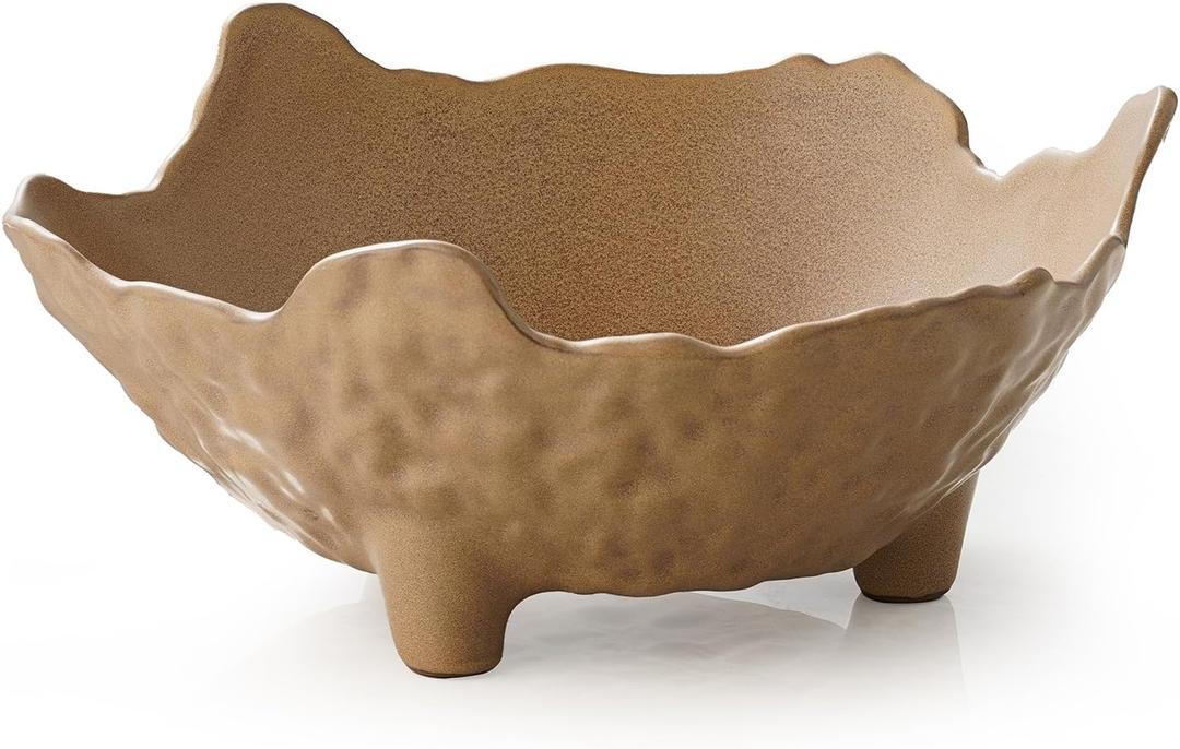 Fruit Bowl for Kitchen Counter, Porcelain Decorative Bowl for Home Dcor Modern Pedestal Bowl with 3-Legs Large Centerpiece Bowl for Breads, Nuts, Brown (9 inch)