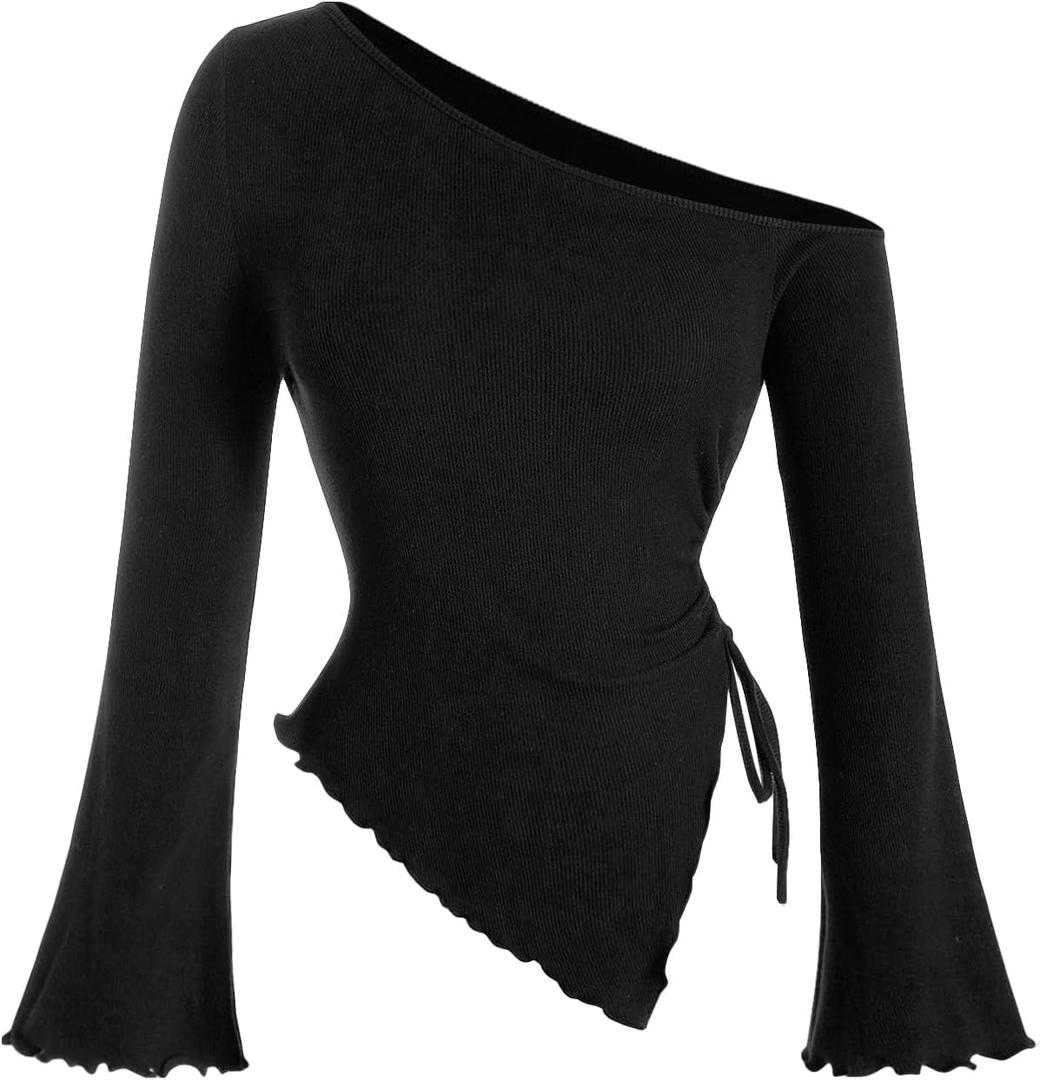 Milumia Women's Ribbed Knit One Off The Shoulder Asymmetrical Long Bell Sleeve Tops Y2K Going Out Tee Shirt Tops (Black, S)