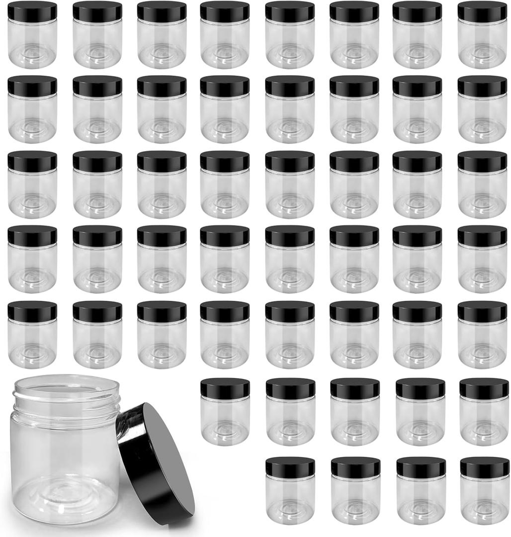 50 Pack 4 oz Clear Plastic Jars with Lids - Small/Mini Containers for Slime, OintmentsCreams, Samples, Eyeshadow, Travel Storage Makeup, Lotion, and Body Butter.