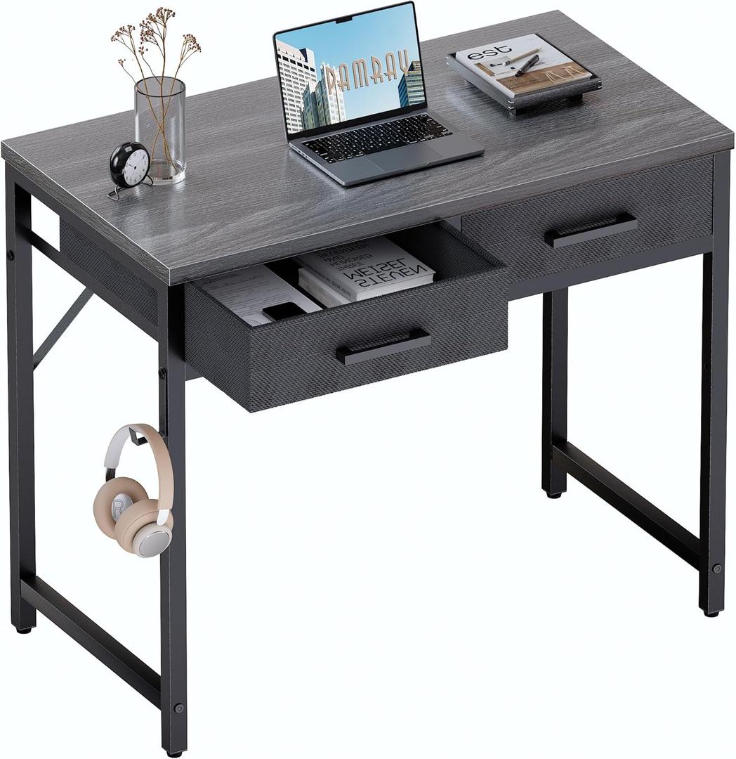 Pamray 32 Inch Small Computer Desk with 2 Drawers for Bedroom Study Writing Home Office Table for Small Spaces Grey