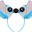 Hawaiian Luau Party Outfit for Women Girls - Green Leis Garland, Red Tropiacl Flower Hair Clip & Blue Stitch Ears Headband for Halloween