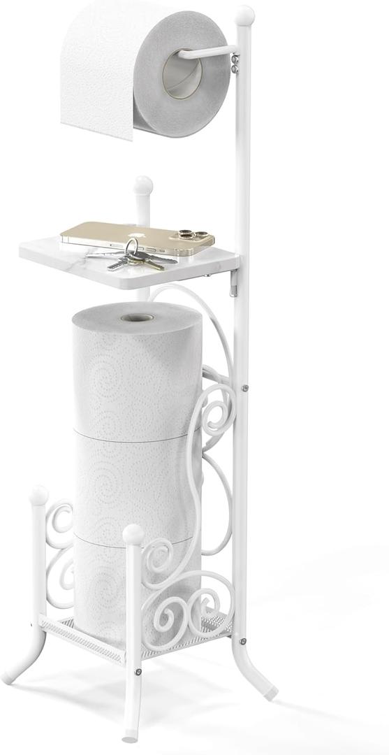Simple Houseware English Style Bathroom Toilet Tissue Roll Holder Stand with Shelf, White (Wood Shelf - 29.2''H)