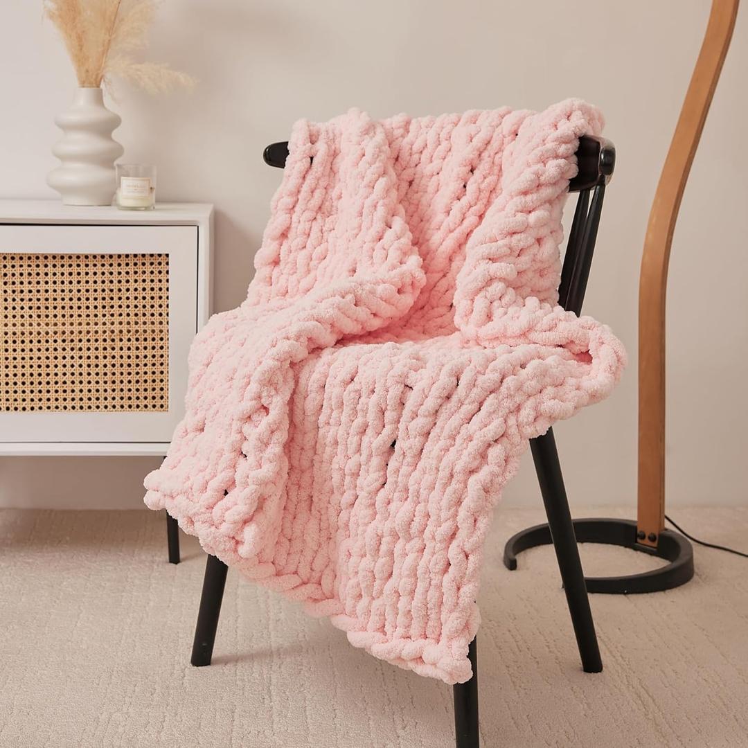 Luxury Chunky Knit Blanket Throw, Handmade Thick Chenille Yarn Throw 40"x40", Blush Pink Cable Knit Crochet Blanket, Decorative Cozy and Soft Crochet Throw Blanket for Couch Home Decor