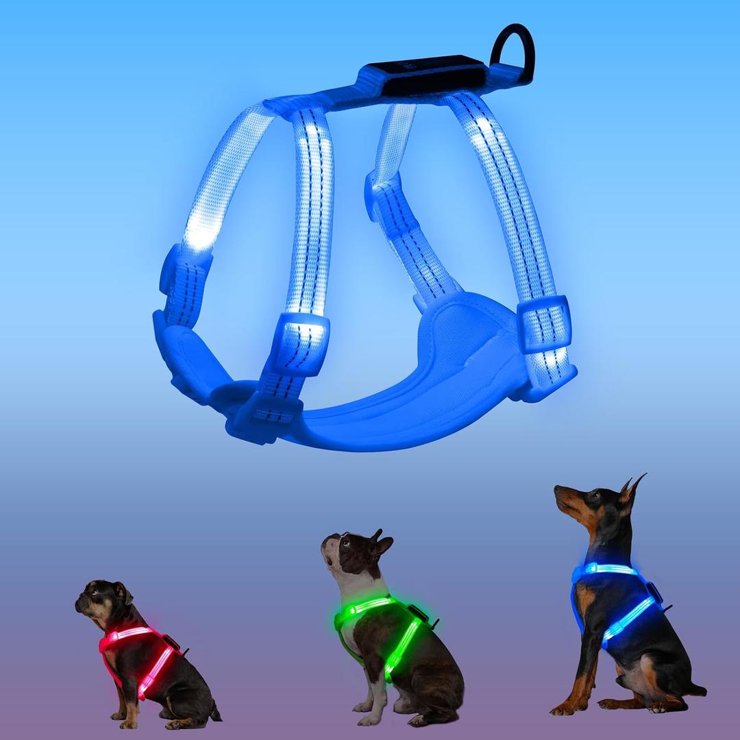 Rechargeable Light Up Dog Harness for Small Dogs Adjustable LED Dog Vest with Reflective Strips, No Pull Glow in The Dark Puppy Harness for Night Walking Safety-Blue
