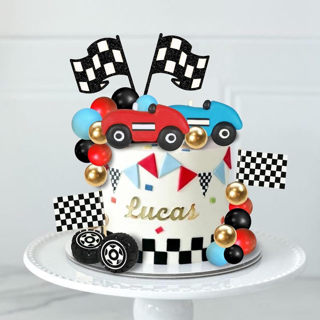 25 PCS Racing Cake Toppers Red Blue Clay Race Car Birthday Cake Decorations for Racing Car Checkered Flag Birthday Anniversary Party Supplies