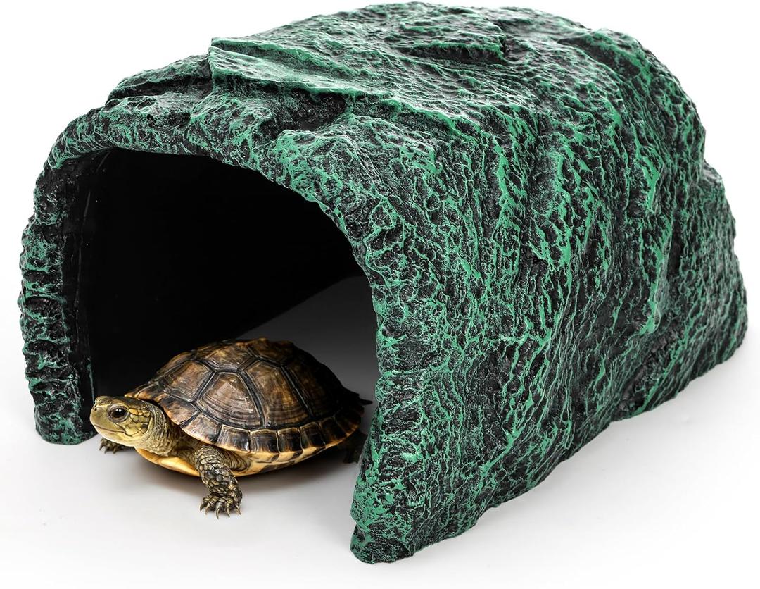 Cididu Reptile Hide Rock Cave, Resin Habitat Hidden for Terrarium and Aquarium Decor, Green Hideout Hide Cave Fit for Bearded Dragons, Lizards, Snakes, Geckos, Tortoises, Small Animals, Amphibians