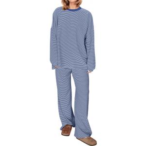 MISSACTIVER Women's 2 Piece Striped Lounge Set Long Sleeve Oversized T-Shirt Wide Leg Pants Matching Pajamas Set (Dark Blue)