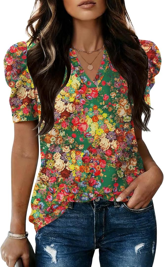 LOMON Spring Summer Tops for Women 2026 V Neck Puff Short Sleeve Tops Fashion Trendy Work Blouses Dressy Casual S-XXL (Green, L)