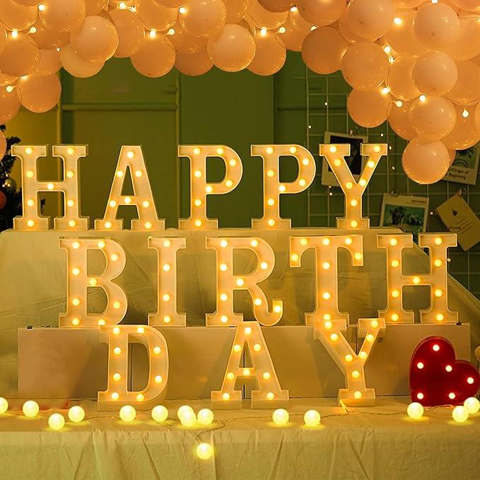 GPUSFAK 138pcs Happy Birthday Marquee Light Up Letters LED Letter Number Light Sign with Round Light Balloons Decoration for Birthday Home Table Decor White